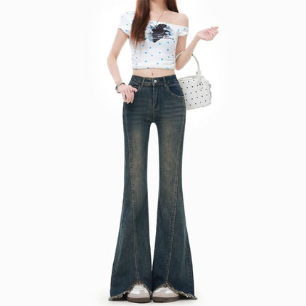 Off-White American-Style Spicy Girl Flared Jeans for Women, 2025 Summer New High-Waisted Slimming Bootcut Jeans with Frayed Edges