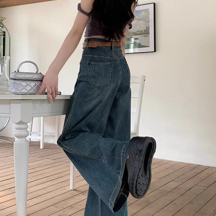 Pear-Shaped Figure Wide-Leg Jeans for Women, Autumn Plus-Size Retro High-Waisted Loose Slimming Straight Pants