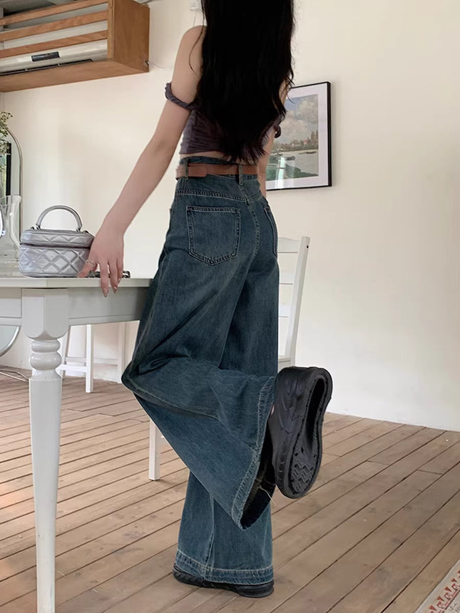 Pear-Shaped Figure Wide-Leg Jeans for Women, Autumn Plus-Size Retro High-Waisted Loose Slimming Straight Pants