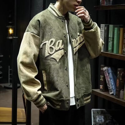 Suede Baseball Suit Men's Spring and Autumn American Vintage Jacket Embroidered Loose Towel Velvet Aviator Top Trendy