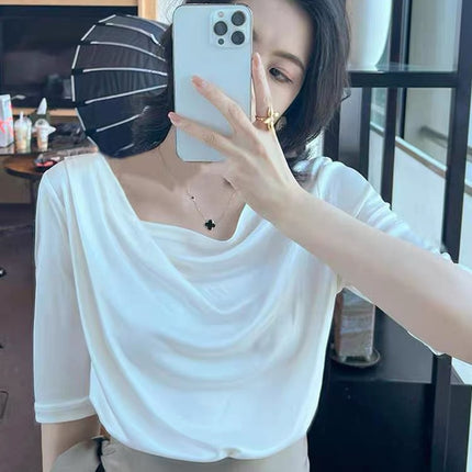 2024 Summer New Fashion Elegant All-match Slim Shoulder Half-sleeve T-shirt Draped Double Split Umbrella Skirt Two-piece Set