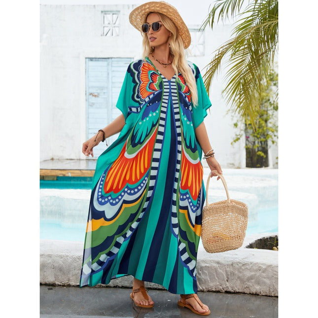 Independent Site Temu Cross-Border Women's Clothing Printed Dress Robe Beach Vacation Loose Sun Protection Outer Cover-Up