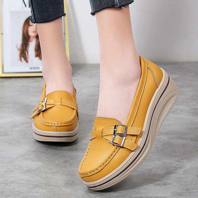 2025 Spring New Casual Thick-Soled Wedge Heel Large Size Slip-On Round Toe Metal Buckle Comfortable and Versatile Mother's Shoes