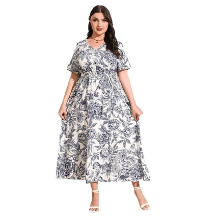 2025 Cross-border New French Elegant Elegant plus size dress Line-drawing Floral V-neck Short-sleeved Waisted Long Dress