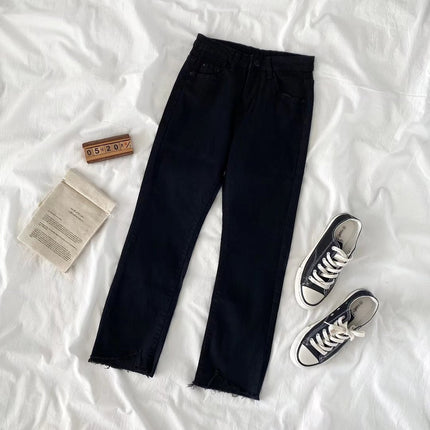 Black straight jeans women's high waist 2024 Summer new slimming loose pipe pants small cropped pants fashion