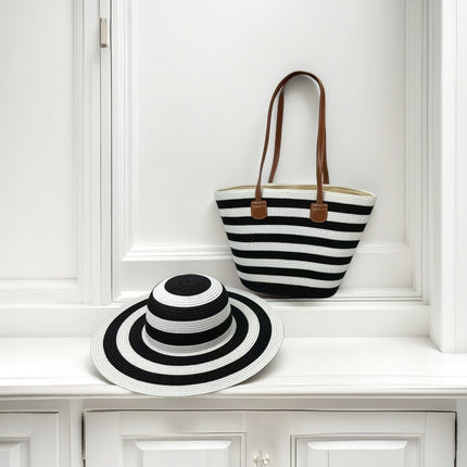 Cross-Border Straw Hat Straw Bag Two-Piece Set Sun Hat Large Capacity Striped Tote Bag Shoulder Bag Beach Bag Factory Store