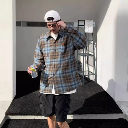 Brushed Plaid Long-Sleeved Shirt for Men, Summer Thin Sun Protection Shirt, Loose Retro American Fashion Brand Couple's Jacket