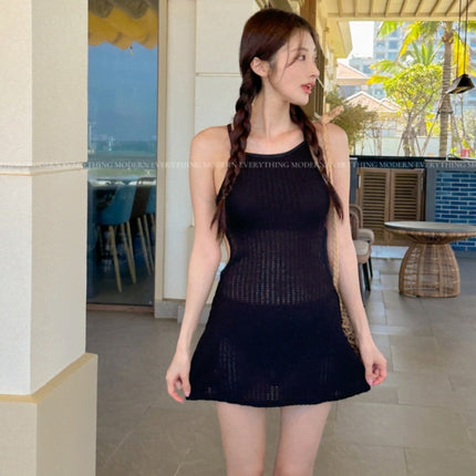 Korean Ins Style New Sexy Beautiful Back Knitted Fabric Pure Desire Small Fragrance Style High-End One-Piece Swimsuit for Women