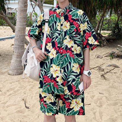 Cross-border 2023 Summer Beach Youth Color Printed Shirt Set Men's Multi-color Loose Shorts Shirt Set