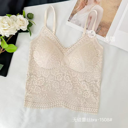 Popular Xiaoyunji Lace Spaghetti Strap Seamless Camisole with Built-In Bra Pads Versatile Beautiful Back Underwear