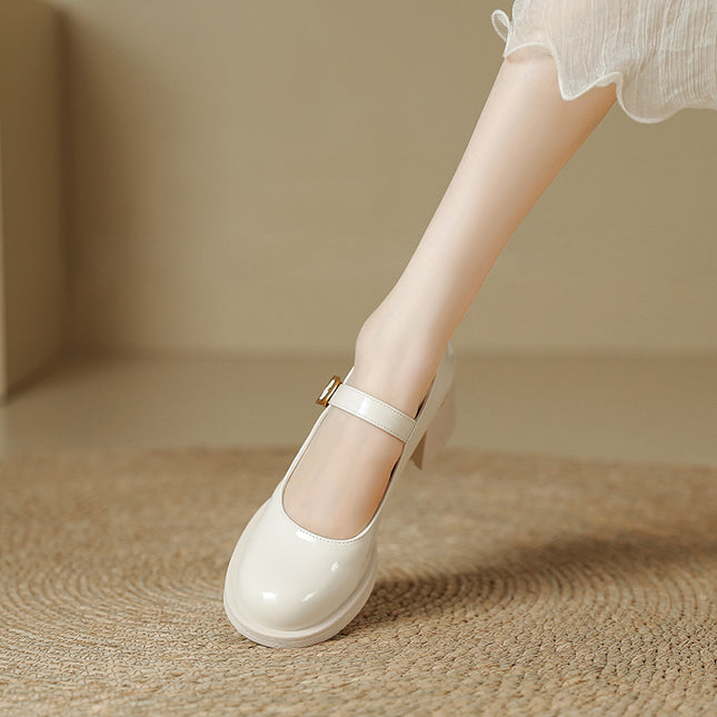 Thick-Heeled Shallow Leather Shoes, Small High-Heeled Shoes, Mary Jane Shoes for Women, Spring & Fall Skirts, Single Shoes, Ladylike Leather Shoes