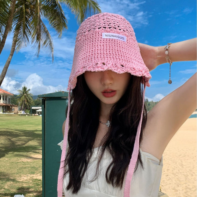 Korean-Style Beggar Hat, Fisherman Hat for Women, Spring and Summer, Face-Slimming Bucket Hat, Breathable Knit Hat, Trendy Sunshade and Sun Protection for Adults
