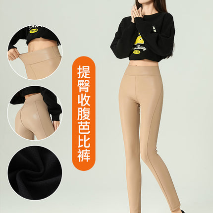 Leather Pants Women's Tight 2024 New High Waist Thin Cropped Pants fleece-lined Leather Matte Leggings Outer Wear Long Pants