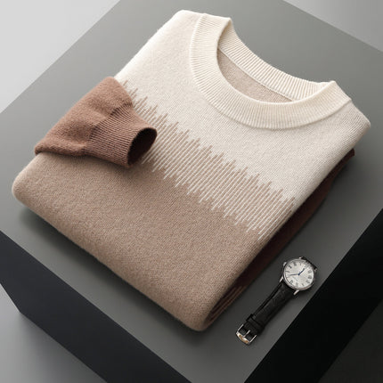 2025 New Autumn and Winter 100% Pure Wool Sweater Men's Thickeneded Contrasting Color Sweater Pullover Warm and Versatile Knitted Bottoming Shirt