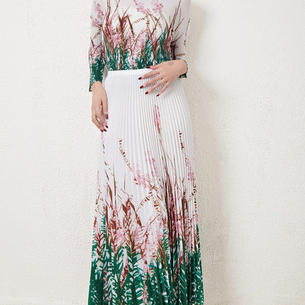 Miyake Stretch Print Long-sleeved Top suit Women's European and American Fashion High Waist Draped Skirt Two-piece Set