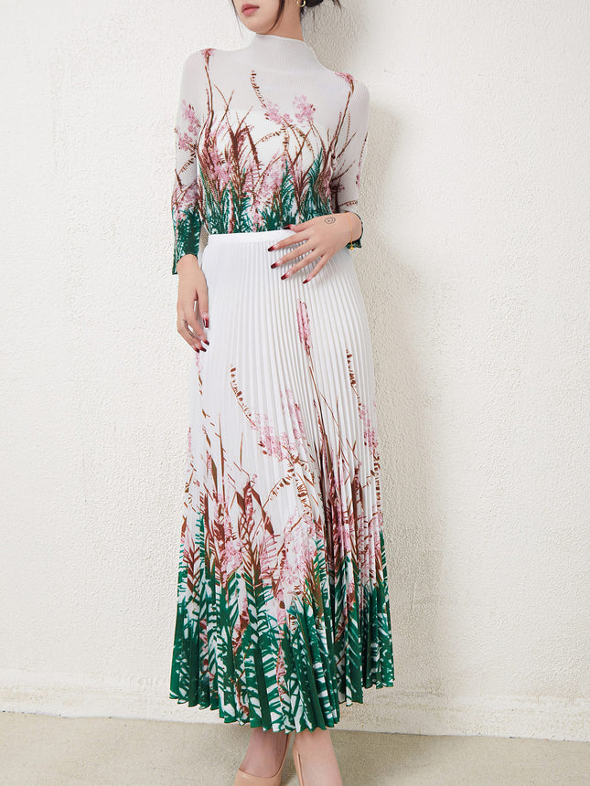 Miyake Stretch Print Long-sleeved Top suit Women's European and American Fashion High Waist Draped Skirt Two-piece Set