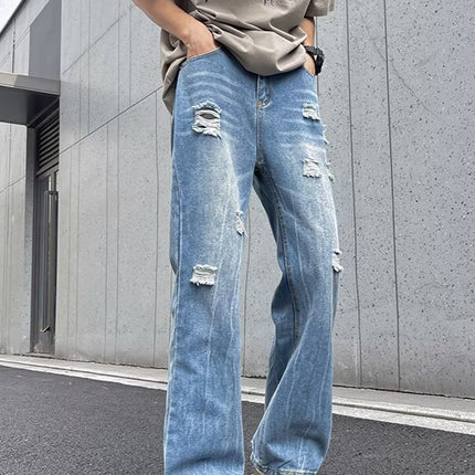 Raw Edge Ripped Lightning Pattern Bootcut Jeans Men's Straight Loose Wide Leg Teenagers Washed Distressed Floor Mopping Pants