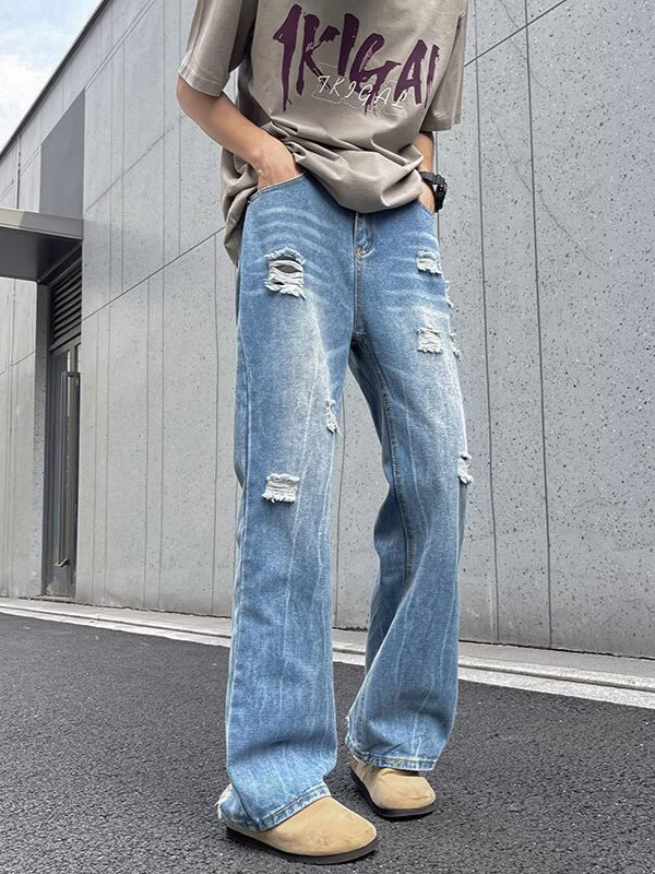 Raw Edge Ripped Lightning Pattern Bootcut Jeans Men's Straight Loose Wide Leg Teenagers Washed Distressed Floor Mopping Pants