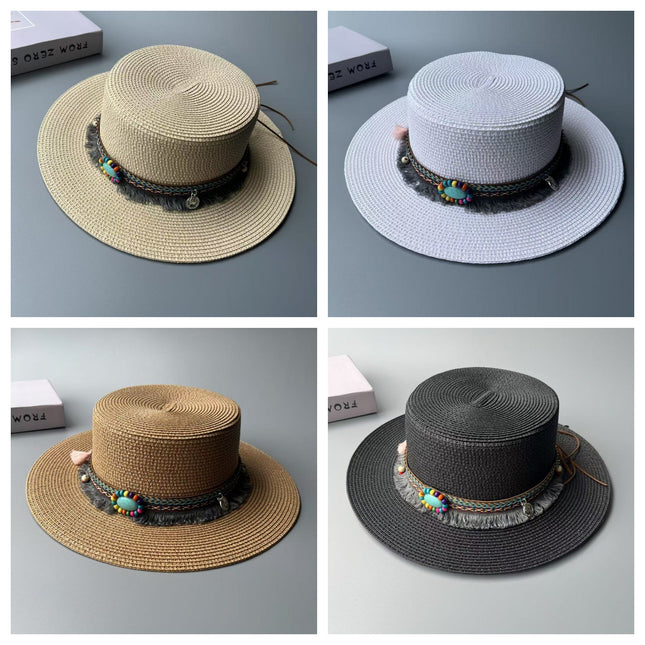 Bohemian Cowboy Style Flat-Top Straw Hat for Women's Summer Travel and Vacation Sun Protection Hat for Shopping and Versatile Flat-Brimmed Hat