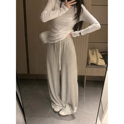 Striped Knit Wide-Leg Pants for Women, Autumn Relaxed Lazy Loose Slimming Casual Pants, Floor-Length Casual Pants for Women
