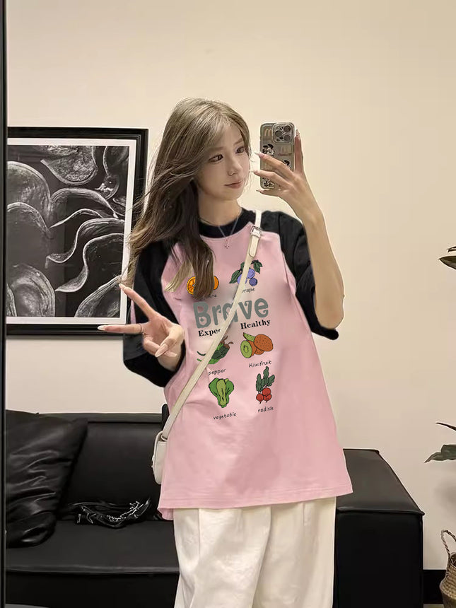 Summer Pure Cotton Plus Size Loose Raglan Short-Sleeve T-Shirt for Women, Korean Style Slimming Printed Hong Kong Style Half-Sleeve Top