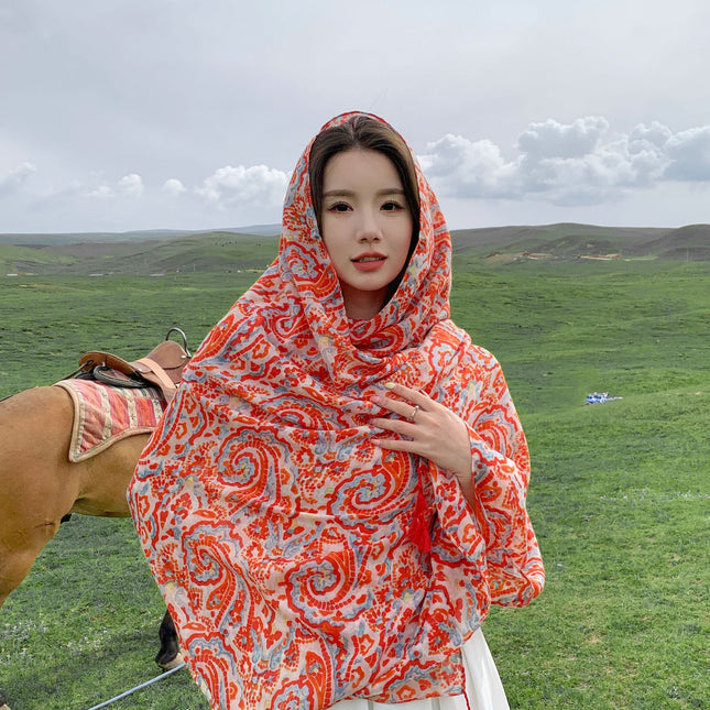 Spring and Autumn Thin Xiangyun Totem Printed Cotton and Linen Handfeel Scarf Ethnic Style Mid-length Travel Sunscreen Beach Towel for Women