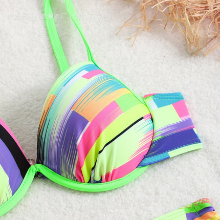 2025 New Model Rainbow Striped Bikini with Hard Cups and Underwire, Fluorescent Green Sports Swimsuit Set for Women, Beachwear
