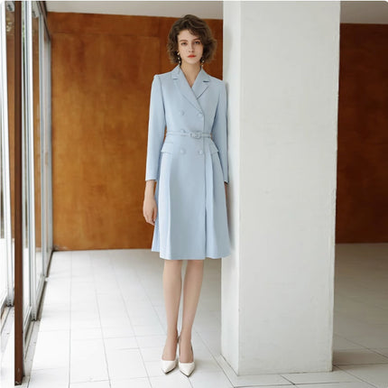 Autumn and Winter New light blue dress Women's Slim-fit Slimming Double-breasted Professional Dress Exam for Public Entrance Examination