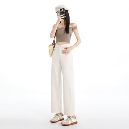Raccoon House # Lyocell Loose Baguette Pants High-Waisted Elastic Straight Pear-Shaped Figure Slim Jeans for Women