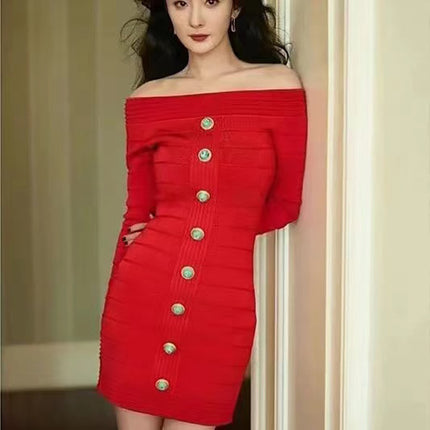 2025 Autumn/Winter New Cross-Border Japanese and Korean Style Sexy Off-Shoulder Long Sleeve Slim Fit Bodycon Knitted Short Dress 8226