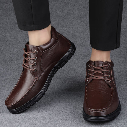 Autumn Front Lace-up Sleeve Casual Leather Shoes Men's Low-top Korean-style Black Round Toe Flat Heel Solid Color Top Layer Cowhide Tooling