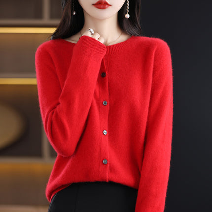2024 Round-Neck Autumn and Winter Women's Cardigan Sweater Coat 100% Wool Loose Outerwear Versatile Knit Wool