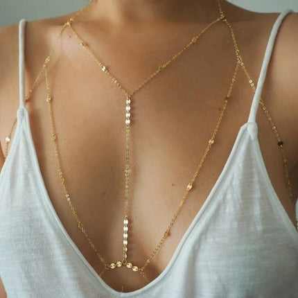 European and American Pure Desire Hot Girl Metal Sequin Body Chain Advanced Sense Chest Chain Sexy Beach Style Bikini Tasser Chain