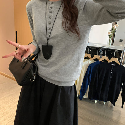 Elegant Slimming Button Design Long Sleeve T-Shirt for Women Early Spring Slim Fit Casual Base Layer Top