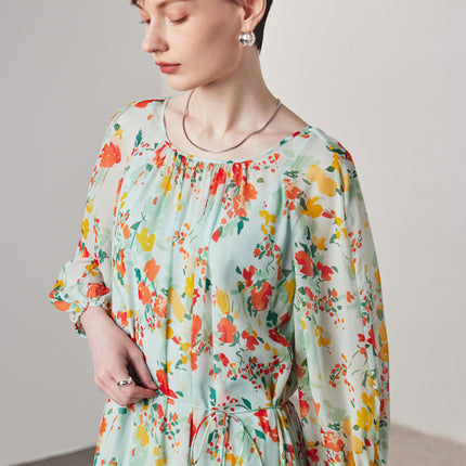 Short-Sleeved Silk Dress for Women 2026 Spring and Summer New Two-Piece Set Slightly See-Through Printed Georgette 100% Mulberry Silk Long Dress