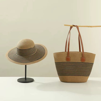 New French-Style Straw Woven Fine Striped Beach Vacation Handbag and Sunshade Wide-Brimmed Hat Set for Spring, Summer, and Autumn