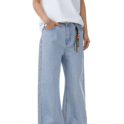 11Kn American Retro Washed Jeans for Men and Women, Loose Straight Wide-Leg Pants, Slimming Trendy Light Blue Casual Long Pants
