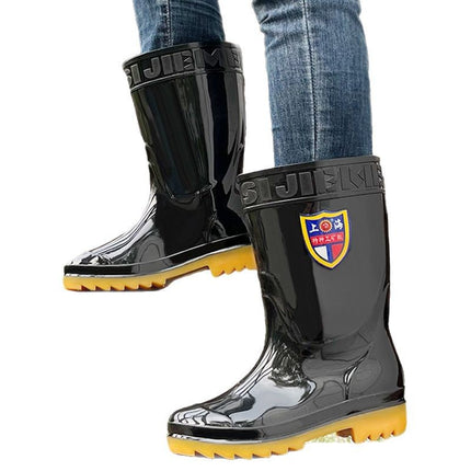 Black Rain Boots Men's High Rain Boots Spring & Fall Rainy Season Outer Wear Waterproof Non-Slip Men's Water Shoes Construction Men's Labor Protection Rubber Shoes