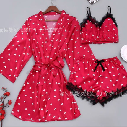 Cross-Border New Style Camisole, Shorts, and Robe Three-Piece Set, Sexy Lace Women's Loungewear Pajamas, Wholesale in Stock