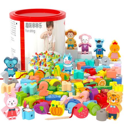 Children's wooden puzzle beaded large particle building block toy animal fruit string beaded puzzle toy 0-3