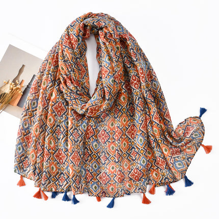 Fresh and Elegant Red Petal Mixed Printed Tassel Gauze Women's Cotton and Linen Scarf Travel Decorative Shawl