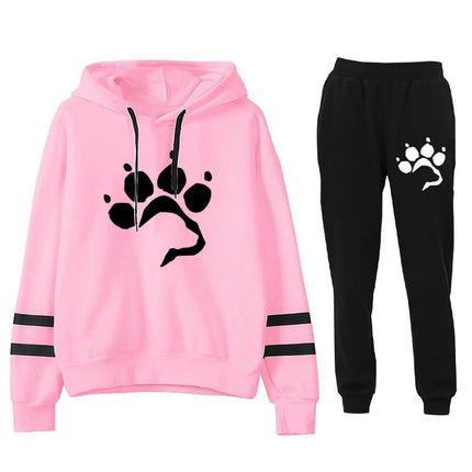AliExpress Amazon Cross-border Love Dog Foot Print Parallel Bars Striped Print Hooded Sweatshirt suit Ladies