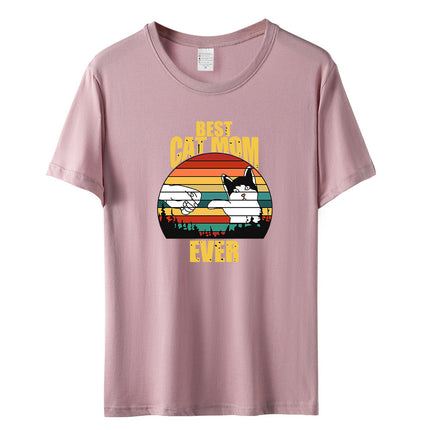 Amazon Summer Best Cat Mom even Mother's Day Fist Cat Letter Printed Casual Short-sleeved T-shirt Women
