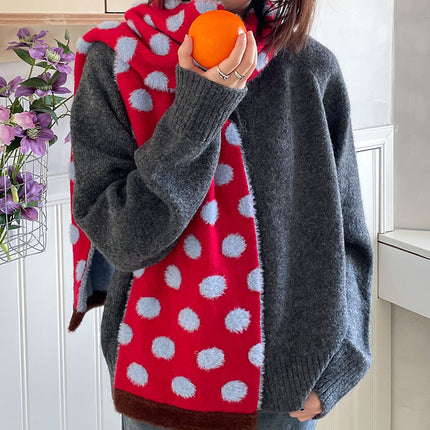 Strawberry & Blueberry Heartbeat Jam Color 25-Year Korean Style New Polka Dot Knitted Plush Scarf for Women with a High-End Feel