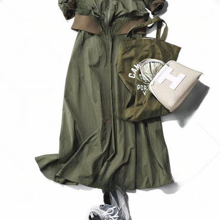 In-Stock Japanese Style 2026 Spring New Green Round-Neck Zipper Jacket + Skirt Two-Piece Set