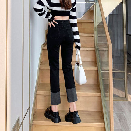 Black pipe pants women's autumn and winter 2023 new slimming high waist jeans small curling cropped straight pants