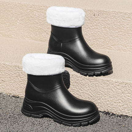 Cross-border European and American single mid-barrel rain boots women's fleece-lined warm rain boots non-slip waterproof shoes fashion outdoor overshoes rubber shoes