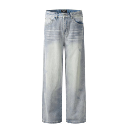 11Kn American Light Blue Straight Jeans for Men and Women, Simple Slimming Look Knife-Cut Destroyed Loose Wide-Leg Casual Pants