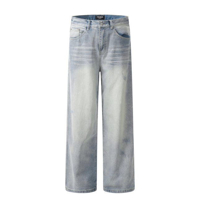 11Kn American Light Blue Straight Jeans for Men and Women, Simple Slimming Look Knife-Cut Destroyed Loose Wide-Leg Casual Pants