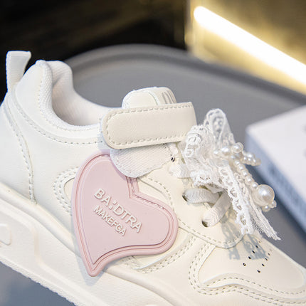Children's Sneakers 2025 New Spring Girls Leather Breathable sneaker Girls Guofeng Pearl All-match White Shoes